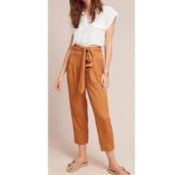 Ett Twa Anthropologie Pants sz 2 Aubade Tie Waist Belted Tapered Copper Brown - Picture 1 of 8